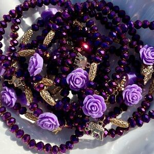 Purple Glass Beaded Bracelets With Rose & Elephant Charms NWOT